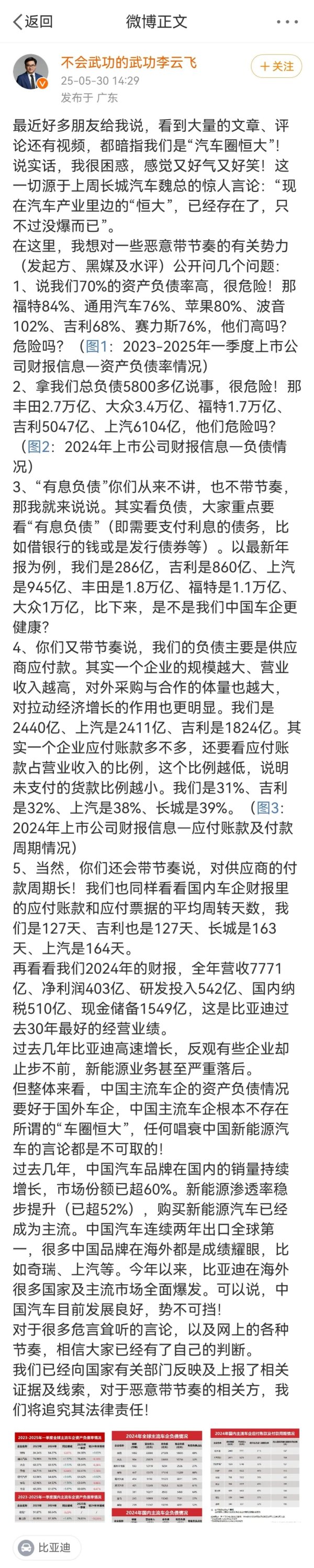 银河策略 比亚迪李云飞：中国主流车企根本不存在所谓的“车圈恒大”，负债情况要好于国外车企！